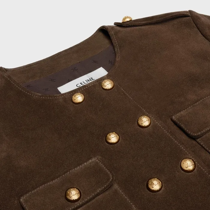 Cardigan Jacket In Split Calfskin Espresso Women CELINE LEATHER AND SHEARLING