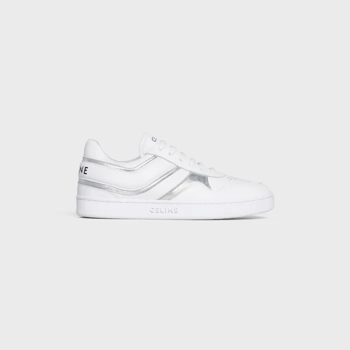 Celine Trainer Low LaceUp Sneaker In Calfskin and Laminated Calfskin Optic Whitesilver Women CELINE SNEAKERS