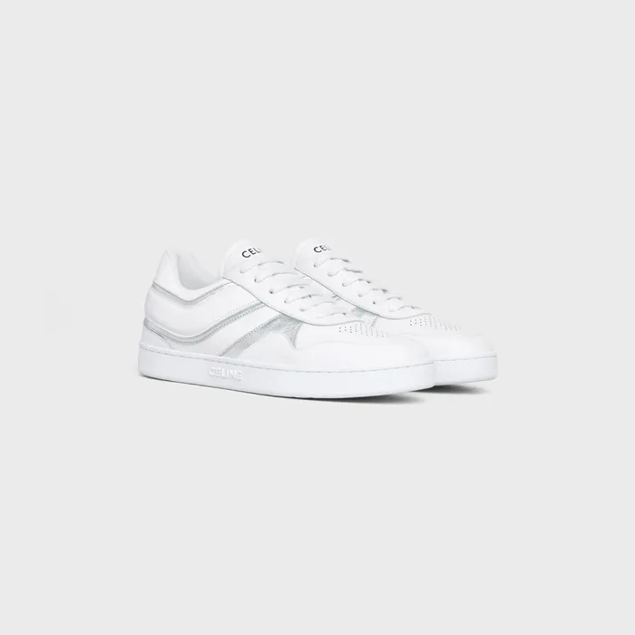 Celine Trainer Low LaceUp Sneaker In Calfskin and Laminated Calfskin Optic Whitesilver Women CELINE SNEAKERS