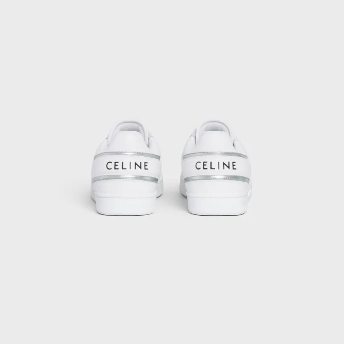 Celine Trainer Low LaceUp Sneaker In Calfskin and Laminated Calfskin Optic Whitesilver Women CELINE SNEAKERS