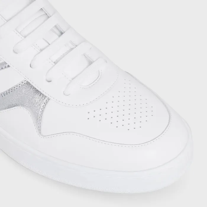 Celine Trainer Low LaceUp Sneaker In Calfskin and Laminated Calfskin Optic Whitesilver Women CELINE SNEAKERS