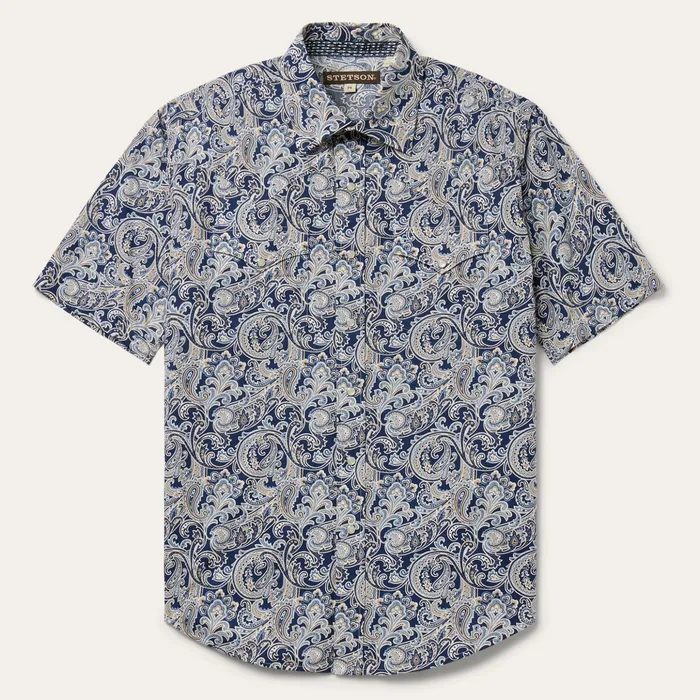 Classic Cut Men Stetson Greenspring Paisley Short Sleeve Western Shirt Blue