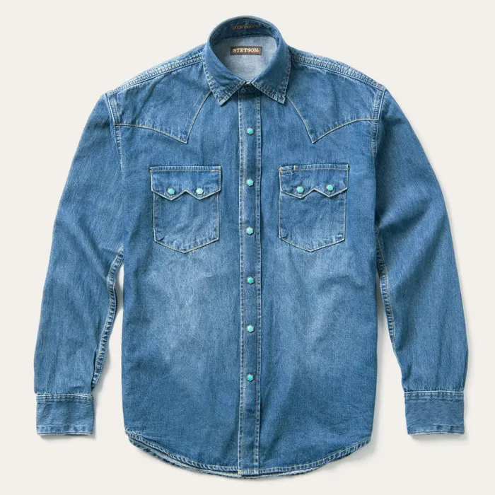 Denim Shirts Men Stetson Turquoise Snap Western Denim Shirt Blue