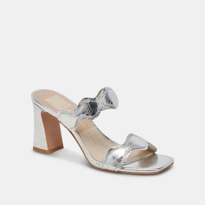 Dolce Vita Ilva Wide Heels Silver Distressed Leather Women Heels