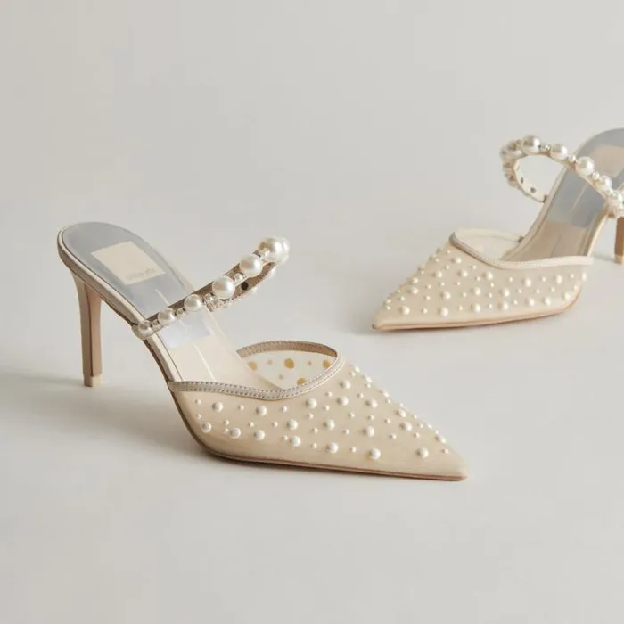 Dolce Vita Katik Pearl Wide Heels Ivory Mesh Women Heels