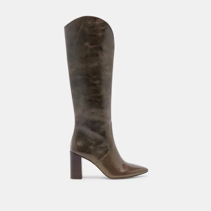 Dolce Vita Nedi Wide Calf Boots Dark Olive Leather Women Boots and Booties