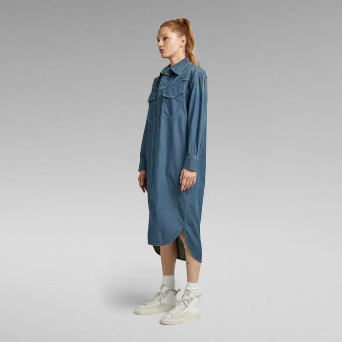 Dresses Women GStar RAW Long Western Shirt Dress Evergreen Antique Faded Scuba Blue