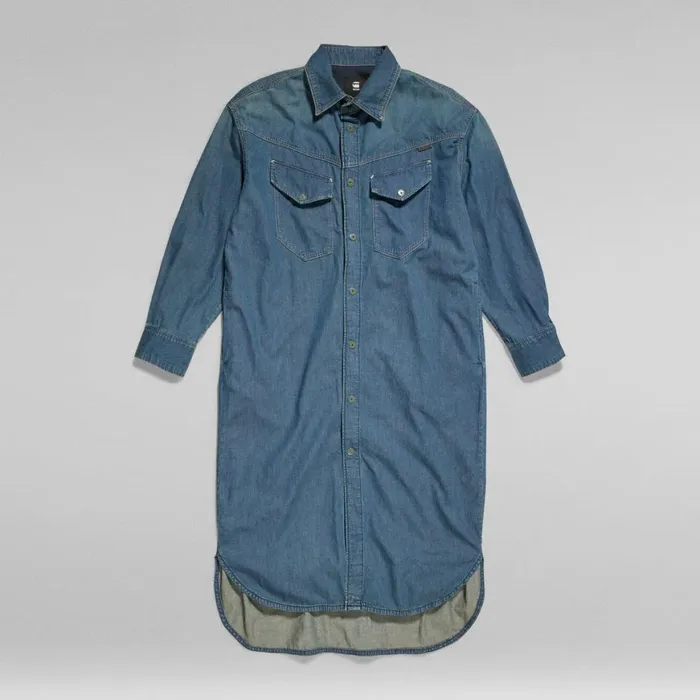 Dresses Women GStar RAW Long Western Shirt Dress Evergreen Antique Faded Scuba Blue