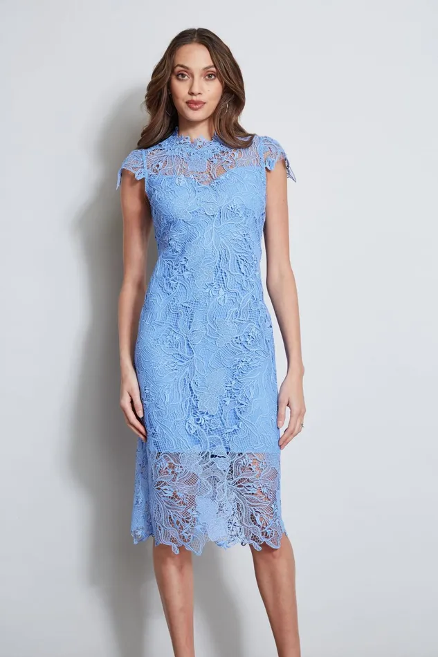 Elie Tahari Dresses and Jumpsuits Lace Applique Midi Dress Horizon Blue 8211 Women