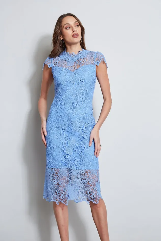 Elie Tahari Dresses and Jumpsuits Lace Applique Midi Dress Horizon Blue 8211 Women