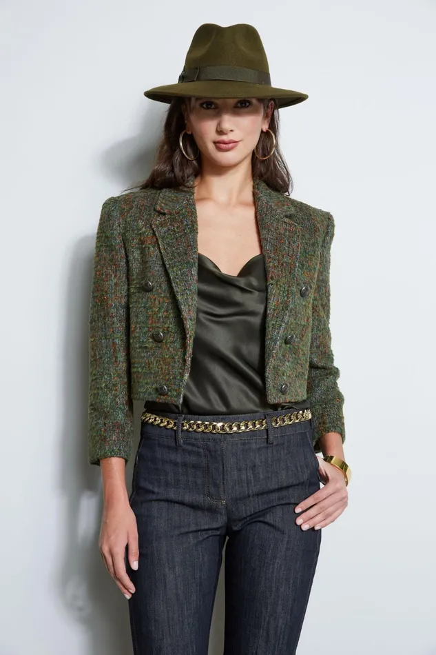 Elie Tahari Jackets and Blazers Boucle Tweed Cropped Jacket Olive Multi 8211 Women