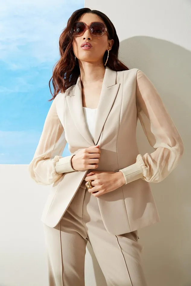 Elie Tahari Jackets and Blazers Chiffon Sleeve Blazer Island Sand 8211 Women
