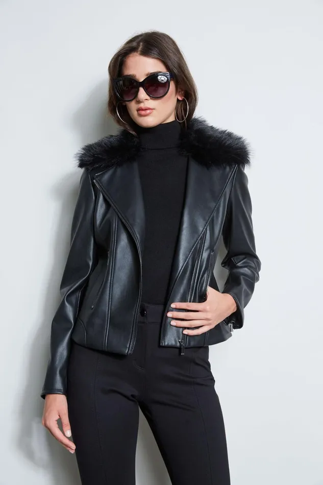 Elie Tahari Jackets and Blazers Faux Fur Collar Moto Jacket Black 8211 Women