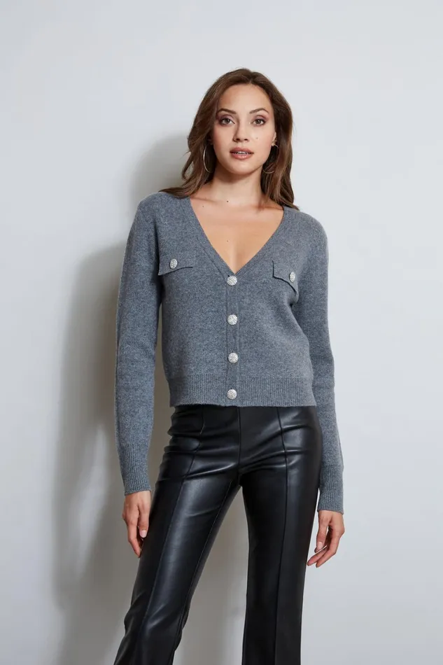 Elie Tahari Knits and Sweaters Jewel Button Cardigan Grey Melange 8211 Women