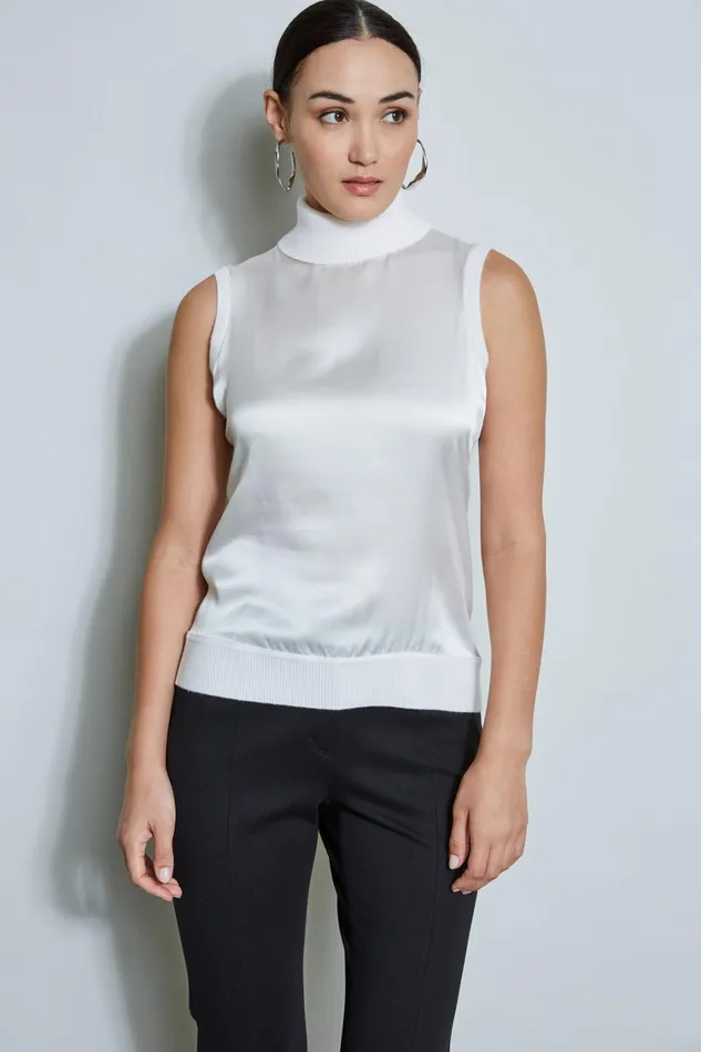 Elie Tahari Knits and Sweaters Sleeveless Satin Front Sweater Snow 8211 Women