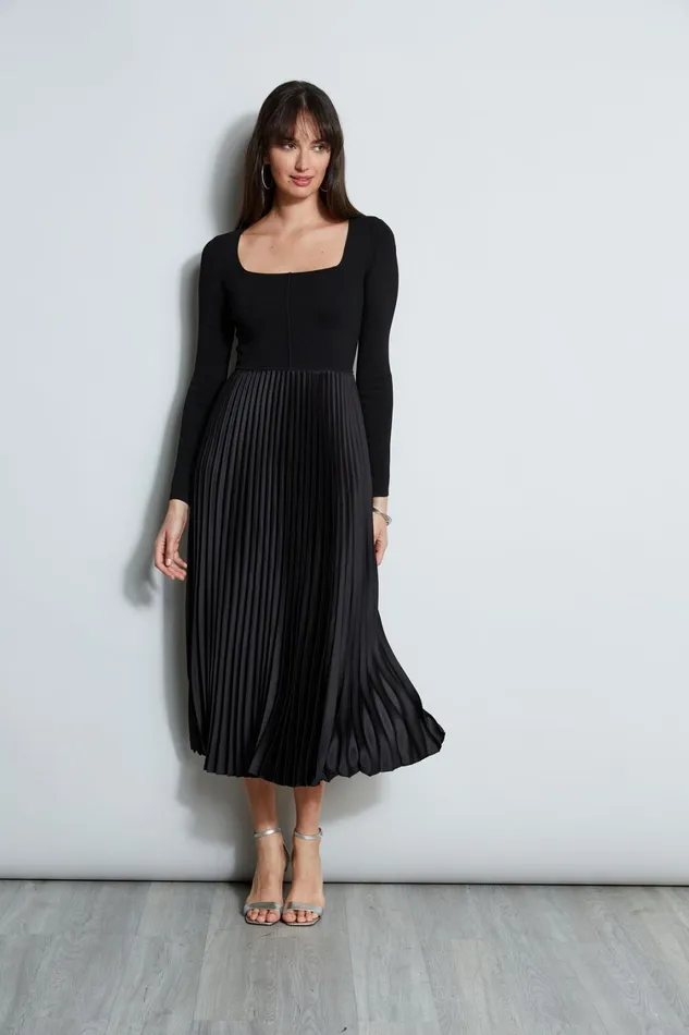 Elie Tahari Long Sleeve Dresses Square Neck Pleated Midi Dress Noir 8211 Women Elie Tahari Long Sleeve Dresses Square Neck Pleated Midi Dress Noir 8211 Women