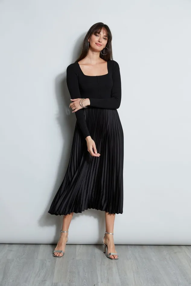 Elie Tahari Long Sleeve Dresses Square Neck Pleated Midi Dress Noir 8211 Women