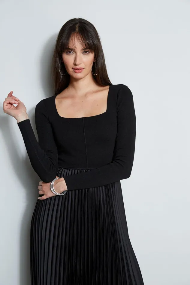 Elie Tahari Long Sleeve Dresses Square Neck Pleated Midi Dress Noir 8211 Women