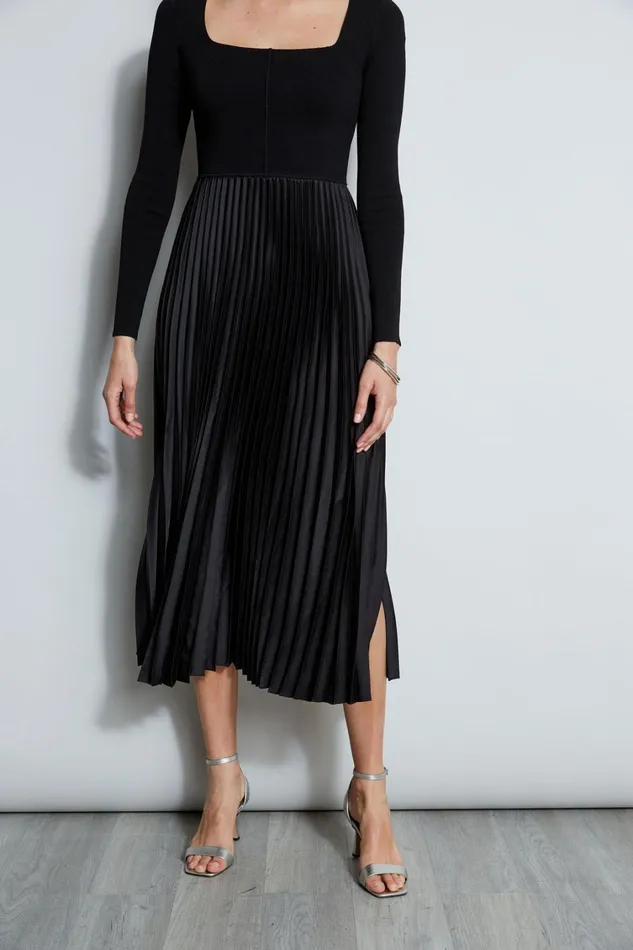 Elie Tahari Long Sleeve Dresses Square Neck Pleated Midi Dress Noir 8211 Women