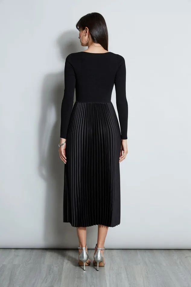 Elie Tahari Long Sleeve Dresses Square Neck Pleated Midi Dress Noir 8211 Women