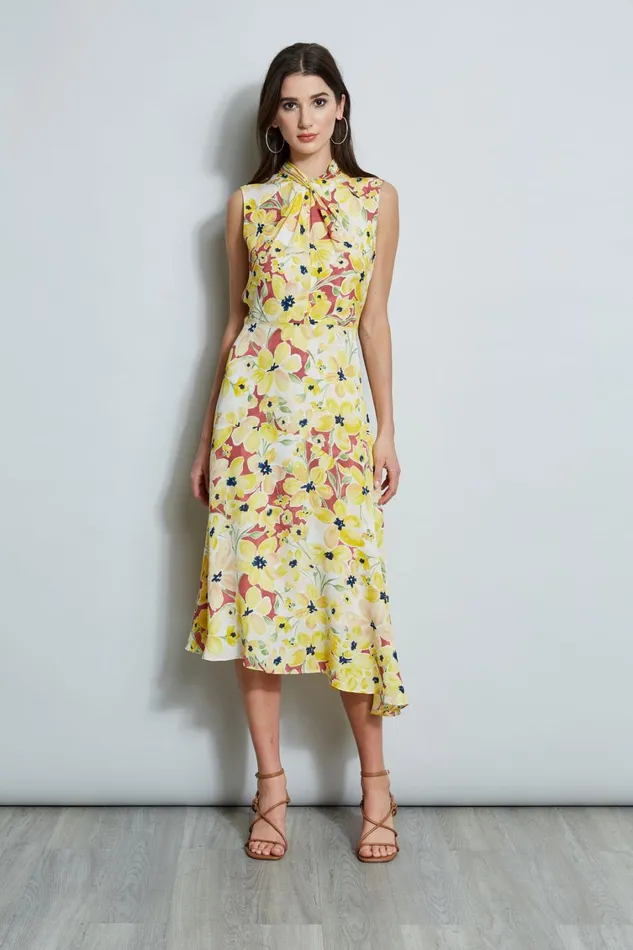 Elie Tahari Midi Dresses Floral Silk Twist Neck Dress Watercolor Blooms 8211 Women Elie Tahari Midi Dresses Floral Silk Twist Neck Dress Watercolor Blooms 8211 Women