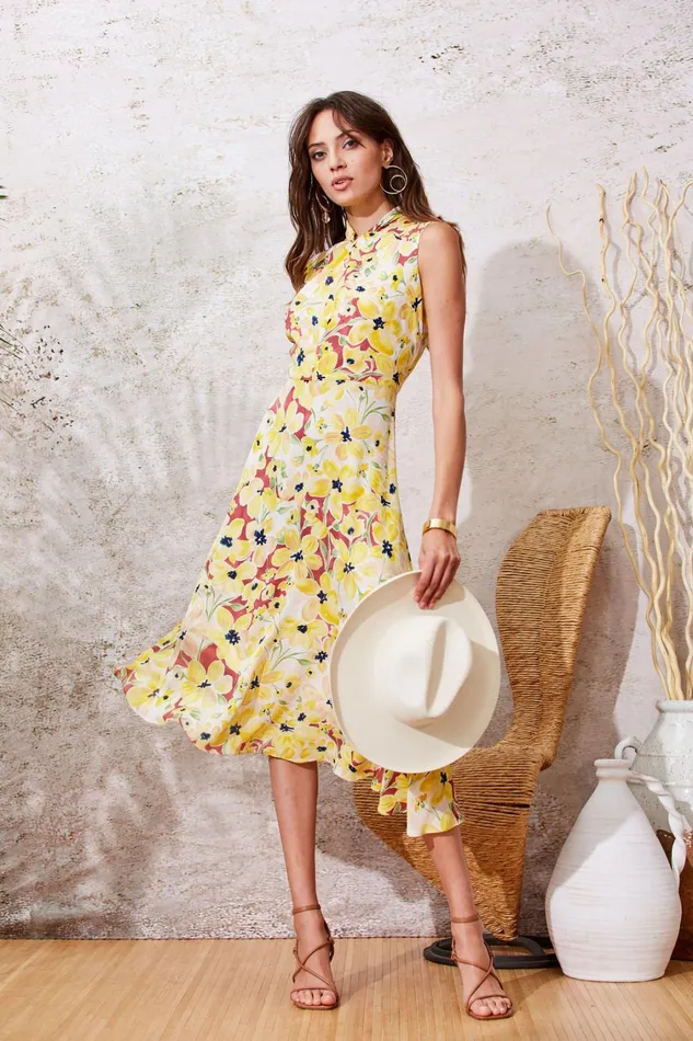 Elie Tahari Midi Dresses Floral Silk Twist Neck Dress Watercolor Blooms 8211 Women