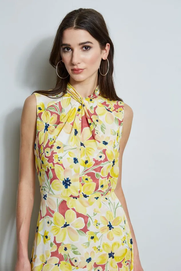 Elie Tahari Midi Dresses Floral Silk Twist Neck Dress Watercolor Blooms 8211 Women