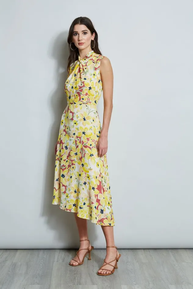 Elie Tahari Midi Dresses Floral Silk Twist Neck Dress Watercolor Blooms 8211 Women