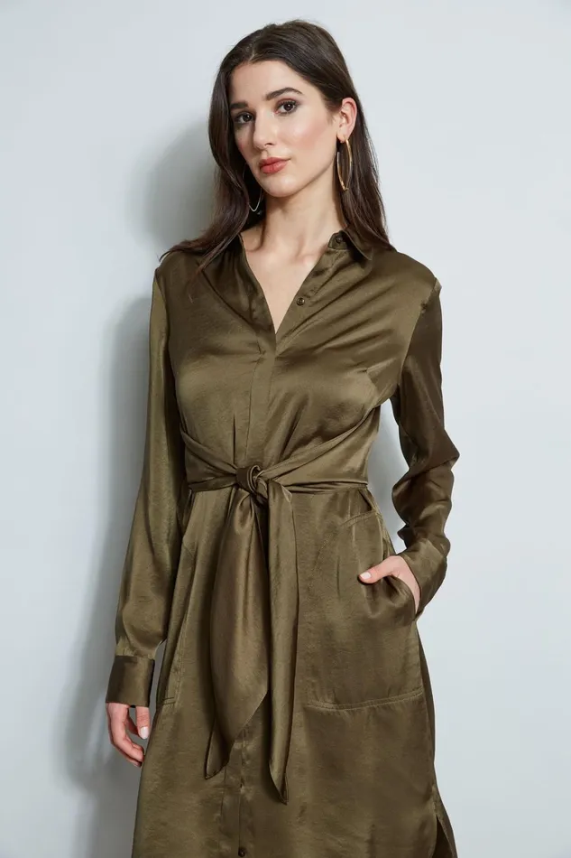 Elie Tahari Midi Dresses Satin Tie Shirt Dress Savoy 8211 Women