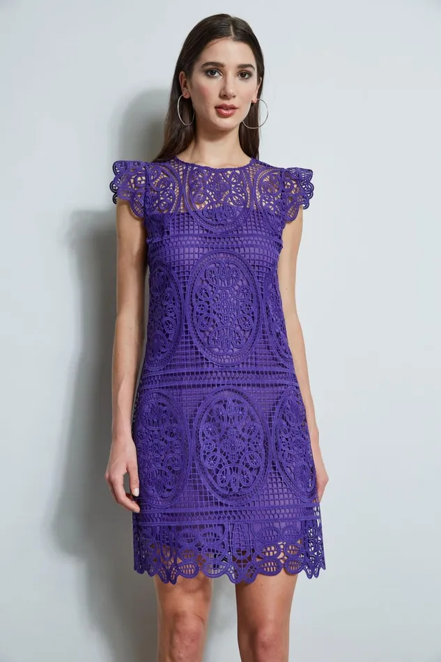 Elie Tahari Short Sleeve Dresses Lace Flutter Sleeve Dress Plum 8211 Women