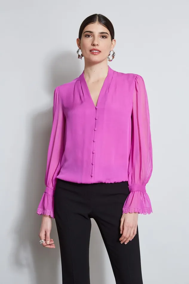 Elie Tahari Tops Embroidered Sleeve Blouson Shirt Peony 8211 Women