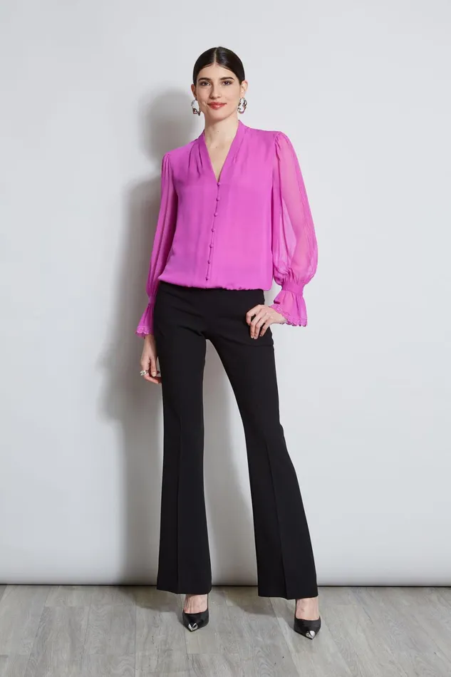Elie Tahari Tops Embroidered Sleeve Blouson Shirt Peony 8211 Women