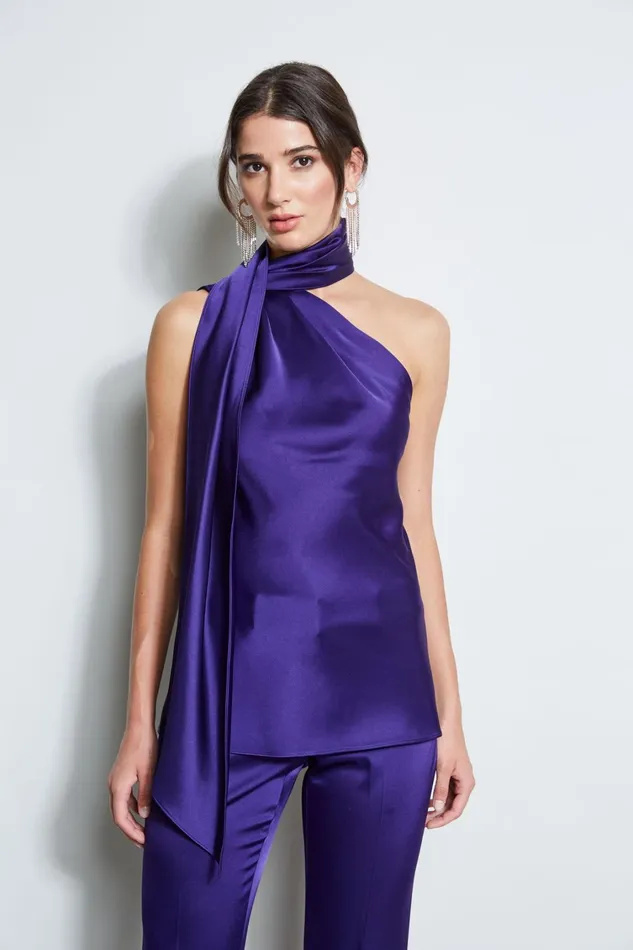 Elie Tahari Tops Satin One Shoulder Scarf Top Winter Plum 8211 Women