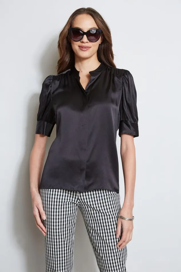 Elie Tahari Tops Silk Satin Ruched Sleeve Shirt Black 8211 Women