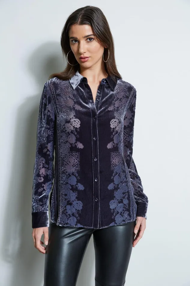 Elie Tahari Tops Tapestry Velvet Burnout Shirt Slate Blue 8211 Women