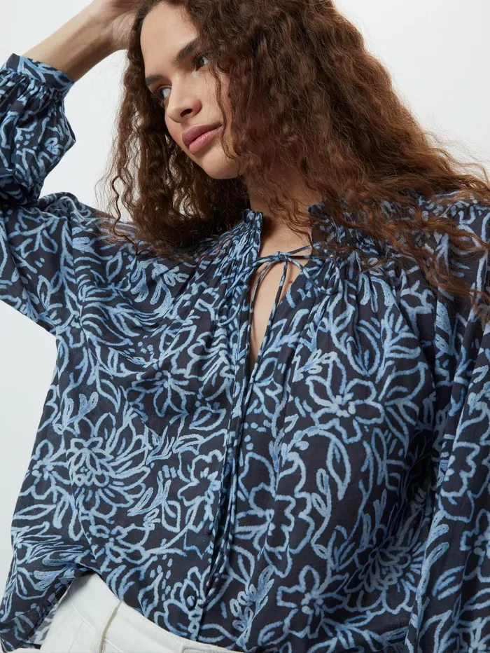 French Connection Anna Austin Cotton Tie Neck Top Navy Multi Woman Tops