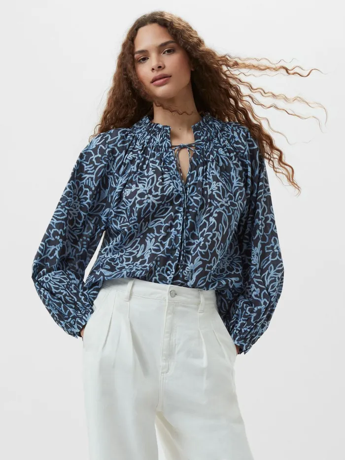 French Connection Anna Austin Cotton Tie Neck Top Navy Multi Woman Tops