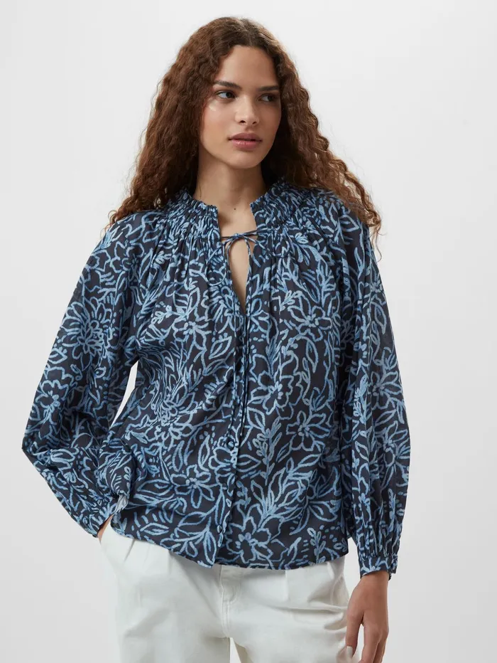 French Connection Anna Austin Cotton Tie Neck Top Navy Multi Woman Tops
