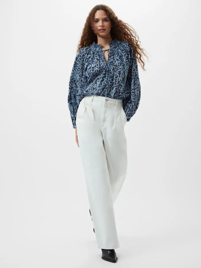 French Connection Anna Austin Cotton Tie Neck Top Navy Multi Woman Tops