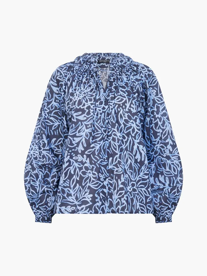 French Connection Anna Austin Cotton Tie Neck Top Navy Multi Woman Tops