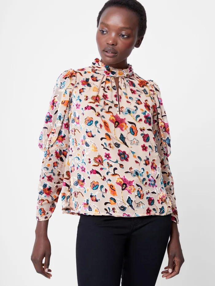 French Connection Avery Devore Gathered Collar Keyhole Top Toasted Almond Woman Tops French Connection Avery Devore Gathered Collar Keyhole Top Toasted Almond Woman Tops