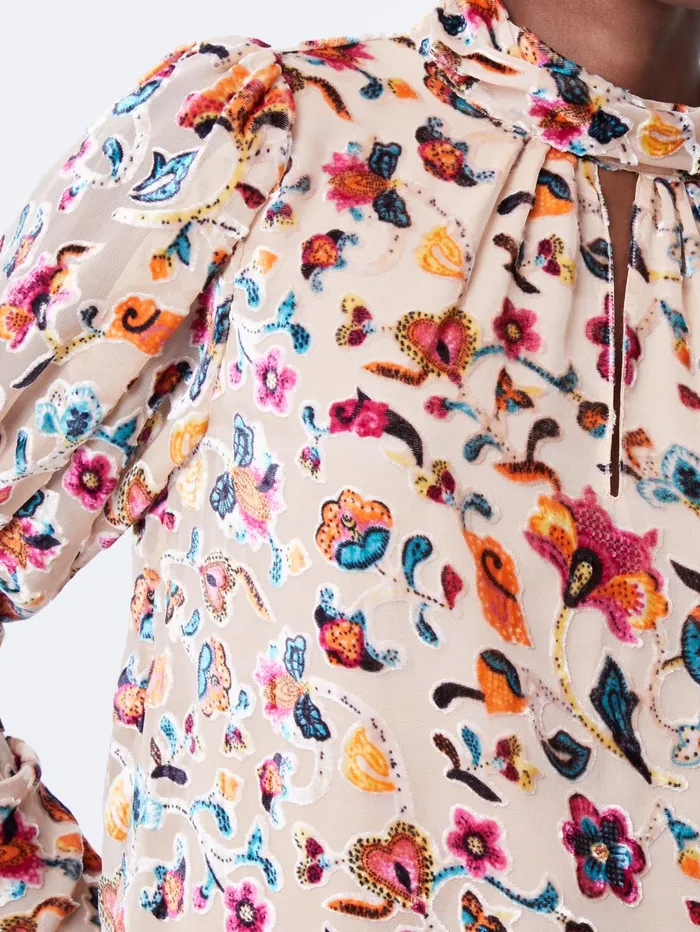 French Connection Avery Devore Gathered Collar Keyhole Top Toasted Almond Woman Tops