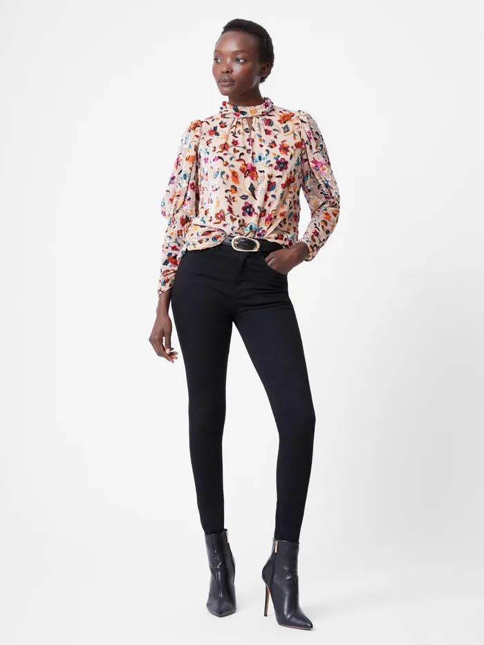 French Connection Avery Devore Gathered Collar Keyhole Top Toasted Almond Woman Tops