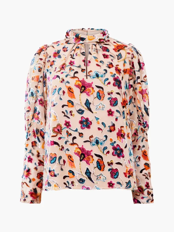 French Connection Avery Devore Gathered Collar Keyhole Top Toasted Almond Woman Tops