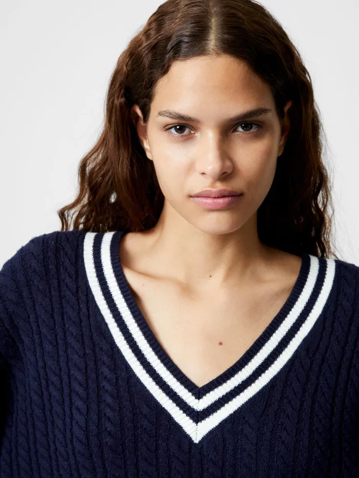 French Connection Babysoft Cable VNeck Jumper Duch BlueWinter White Woman Jumpers and Cardigans