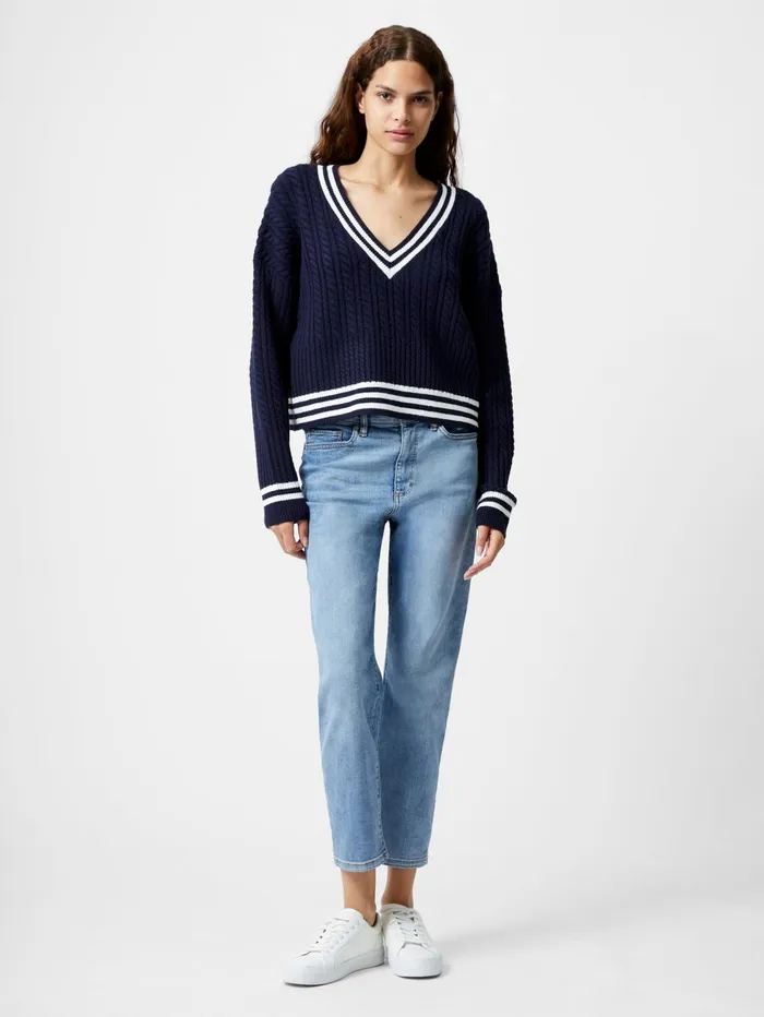 French Connection Babysoft Cable VNeck Jumper Duch BlueWinter White Woman Jumpers and Cardigans