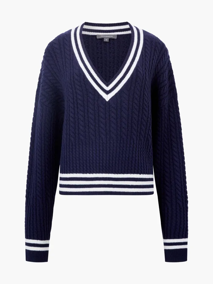 French Connection Babysoft Cable VNeck Jumper Duch BlueWinter White Woman Jumpers and Cardigans