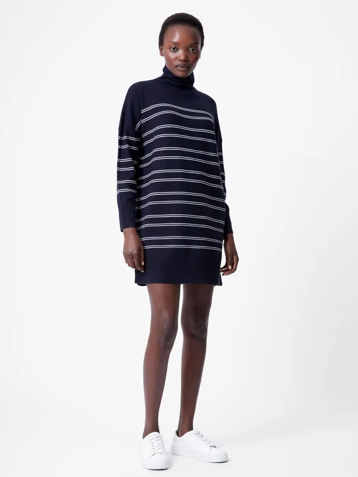 French Connection Babysoft Striped Roll Neck Mini Dress Dark NavyWinter White Woman Jumpers and Cardigans