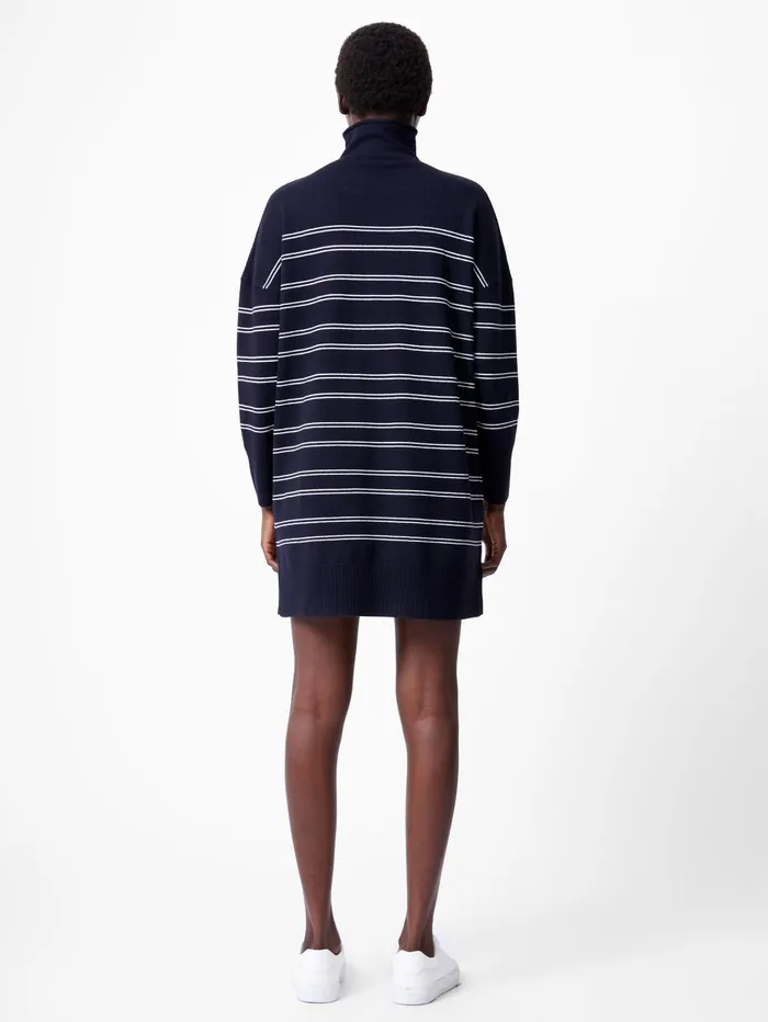 French Connection Babysoft Striped Roll Neck Mini Dress Dark NavyWinter White Woman Jumpers and Cardigans