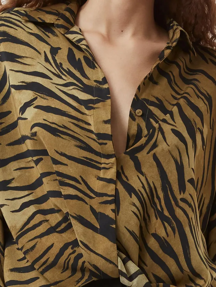 French Connection Damasco Adeline Print Tuck Shirt Golden Olive Khaki Woman Tops